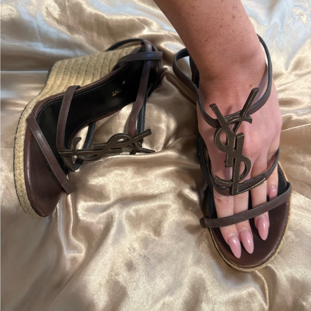 Yves Saint Laurent Dark Brown Espadrille Wedges